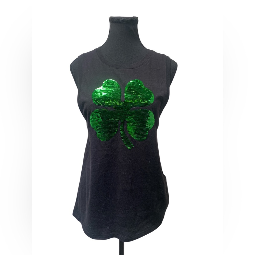 White Crow Black Muscle Tee with Reversible Sequin Clover NWT S